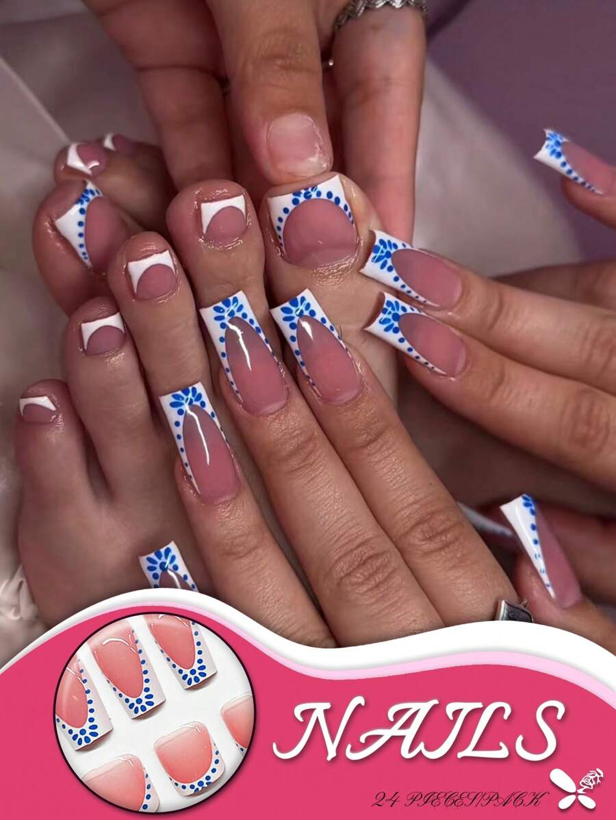 48Pcs Medium Square Hand & Toe Press On Nails Set, White French Tips With Blue Polka Dot Floral Design, Fresh And Style, Perfect For Daily Wear And Vacation, Includes Nail File And Jelly Gel, Effortlessly Create Simple And Elegant Nails