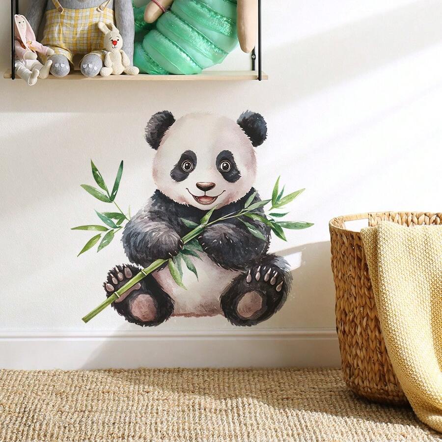 1 buc autocolant de perete cu panda național din bambus pictat, autocolant de perete cu imprimeu din PVC cu desene animate, decal decorativ de perete, autocolant, decal de perete, decal vinil pentru decorarea casei, articole de decor de primăvară care vă reîmprospătează casa, autocolante decorative Rama