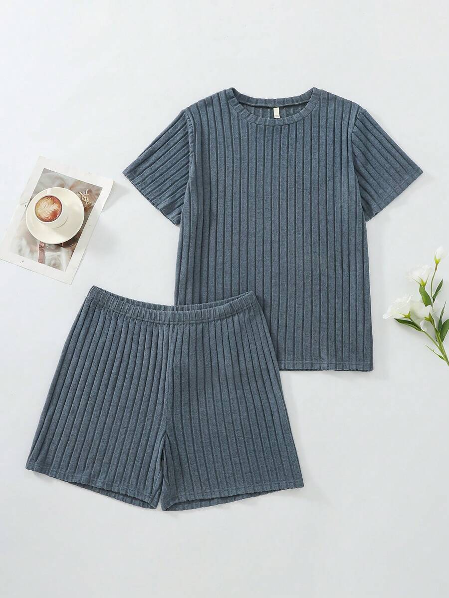 2 pièces Ensemble de vêtements d'intérieur femme grande taille, Top côtelé et short en vrac, col rond, Pyjama