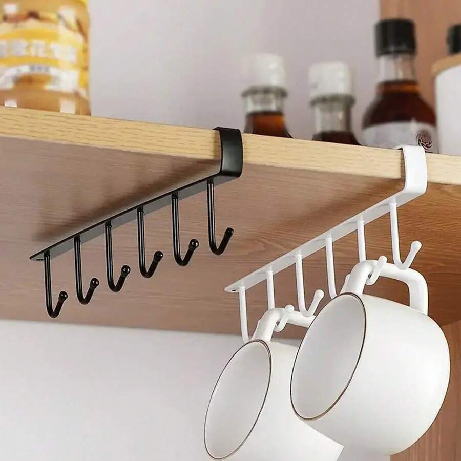 1 pezzo Portamug da parete bianco/nero a 6 ganci, supporto da parete per armadietti, pentole, utensili, senza bisogno di forare, per stoccaggio di utensili da cucina, decorazione per ambienti, adatto per cucina, ristorante, festa, campeggio, raduni, regalo per amici e famiglia