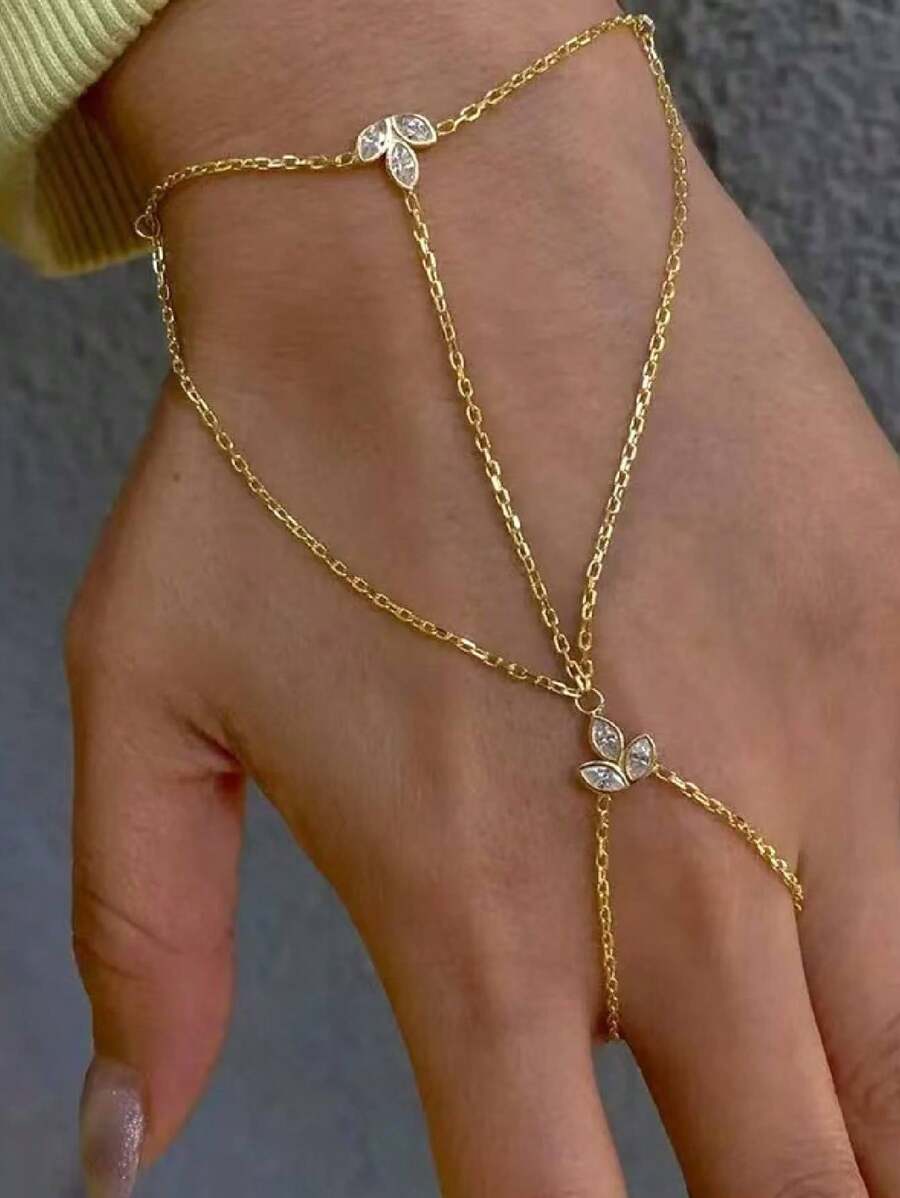 1pc Leaf Connecting Finger Chain Bracelet For Women, Minimalist Bohemian Design Rhinestone Hand Chain Jewelry