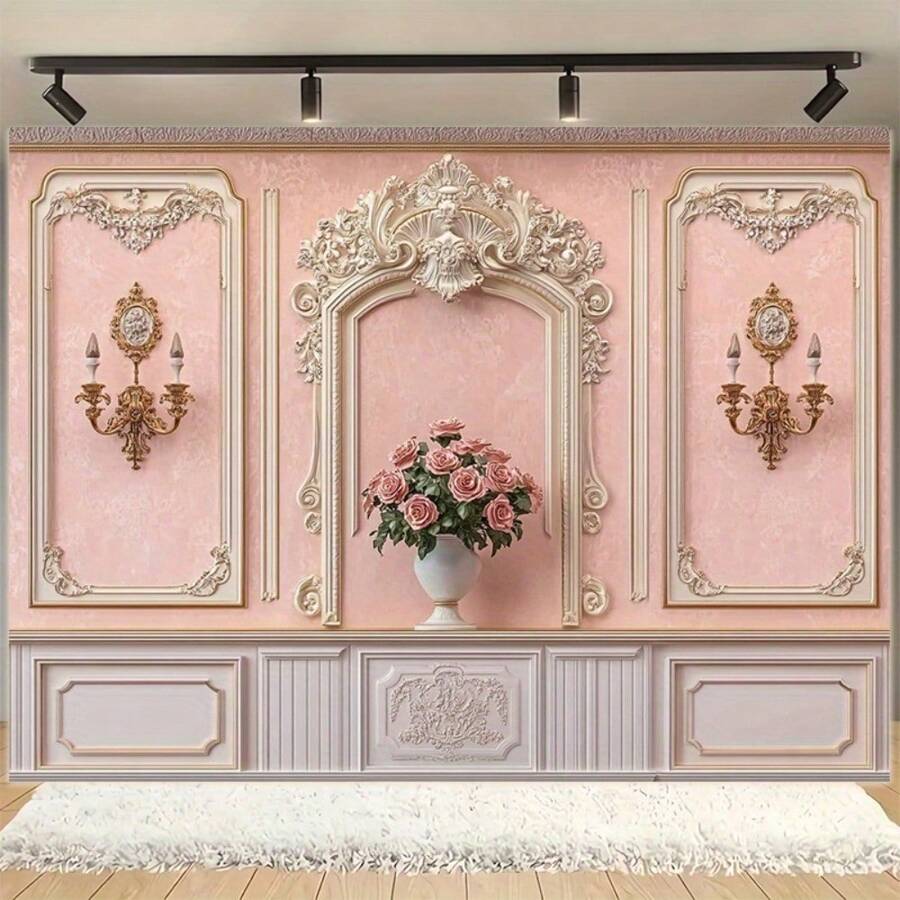 Fondo de fotografía de estilo europeo retro - Elegante fondo de fotografía de poliéster rosa y blanco con decoración de estilo barroco, perfecto para bodas, cumpleaños, fiestas y fotografía, uso en interiores/exteriores, sin necesidad de alimentación, decoración de pared para fiestas | Diseño europeo retro | Tela de fibra de poliéster, decoración de lujo para el hogar