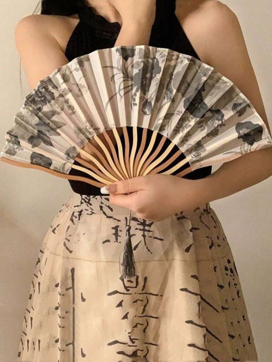 1 pieza Abanico plegable con estilo retro chino de pintura de tinta, abanico plegable clásico chino Hanfu, abanico de seda para danza, diseño de abanico aleatorio