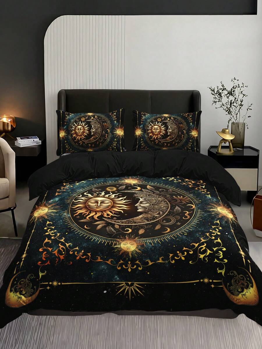3PCS Super Soft Breathable Golden Sun And Moon Planet Duvet Cover Set (1 Duvet Cover+2 Pillowcases Without Pillow Core), At Home Dormitory High Definition Numerical Code Printing