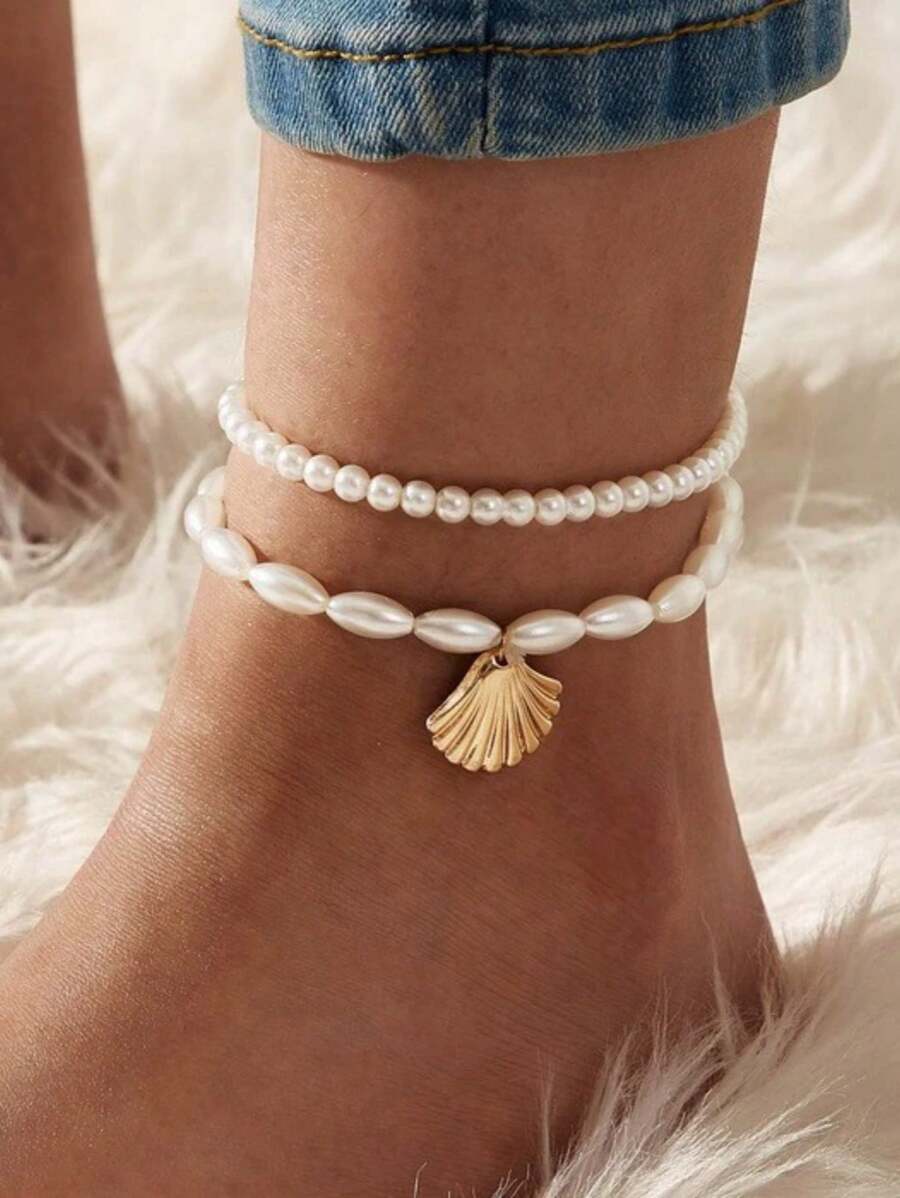 2pcs/Set Faux Pearl Shell Pendant Anklet Set, Minimalist Fashion Style, Suitable For Daily Wear, All Seasons