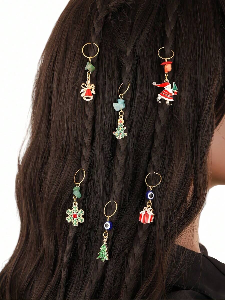 6pcs Boho Ladies Hair Ring Y2K Punk Hair Accessories Fringe Metal Christmas Tree Pendant Hair Buckle Dreadlocks Hair Buckle Dark Wind Halloween Accessories Christmas Gift Party Accessories