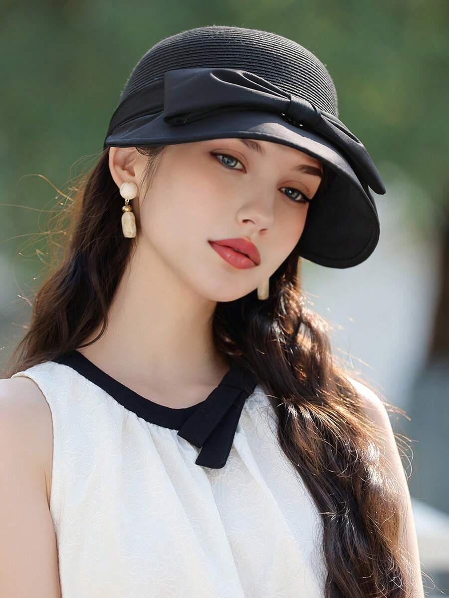 1 Peça Chapéu Balde de Abas Largas com Decoração de Laço, Nova Primavera Feminina, Top Trançado, Chapéu de Sol Grande e Respirável, Chapéu Floppy Elegante para Estilo de Senhora, Adequado para Uso Diário de Primavera e Verão, Caminhada, Compras, Viagem