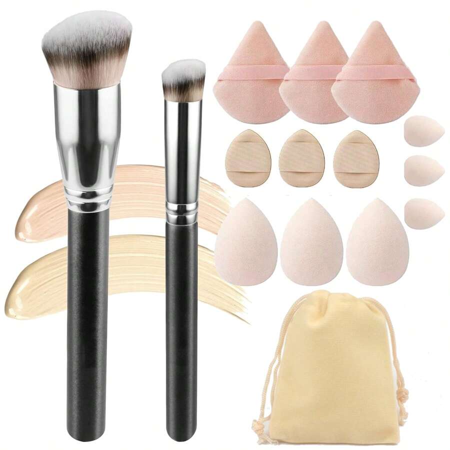 14-Piece Makeup Brush Set With Powder Puff And Beauty Sponge, High-Quality Synthetic Brushes For Liquid Foundation, Blending, Beauty Sponge Mixer, Powder Puff For Liquid, Cream, Powder, Concealer, Etc.