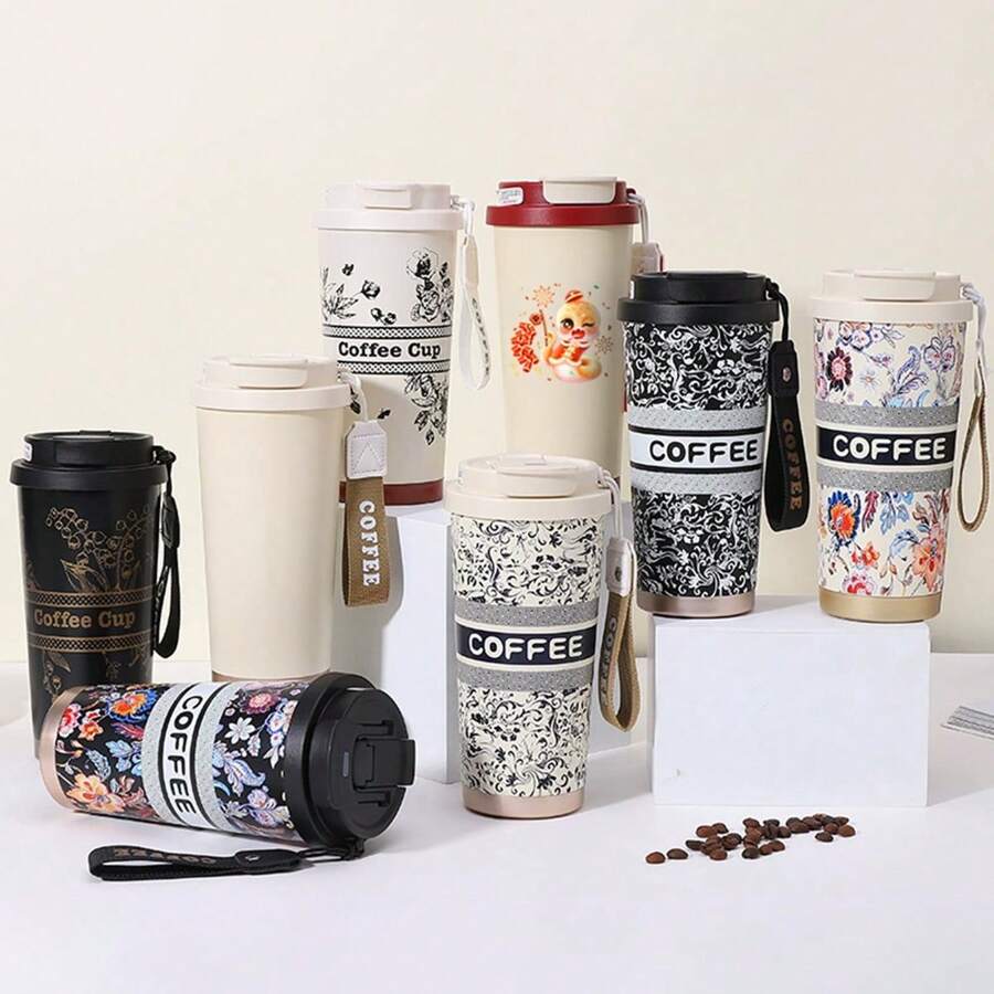 1 Pc 316 Stainless Steel Vacuum Insulated Water Bottle With Carry Strap, Lily Flower Pattern Coffee Cup, Portable Double-Wall Tumbler With Straw, Unisex Office Cup Back To School