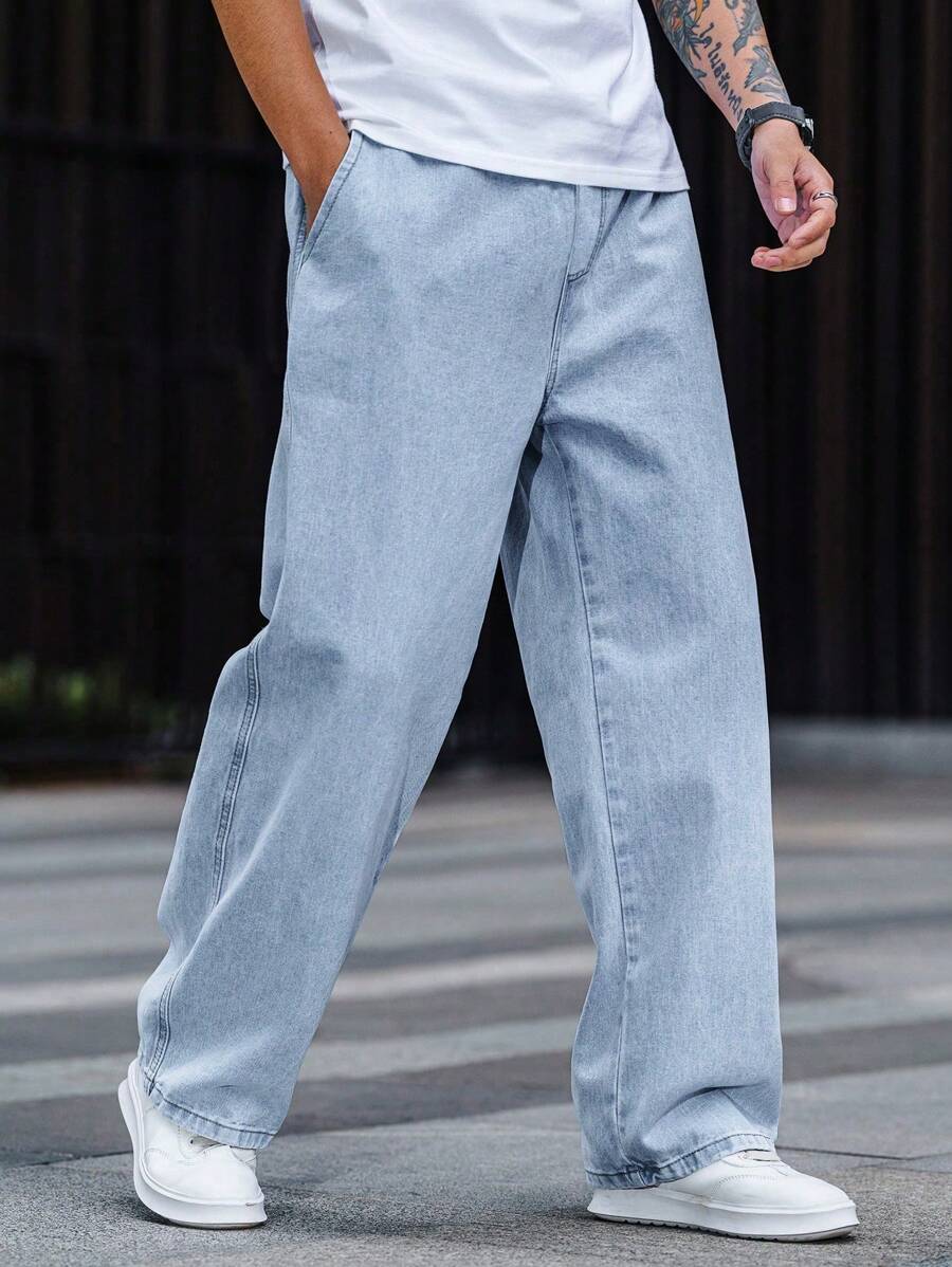 Loose Straight Leg Jeans, Fashionable Washed Cotton Denim, Casual Straight Wide Leg Elastic Waist Jeans For Men, Couple Matching Gift