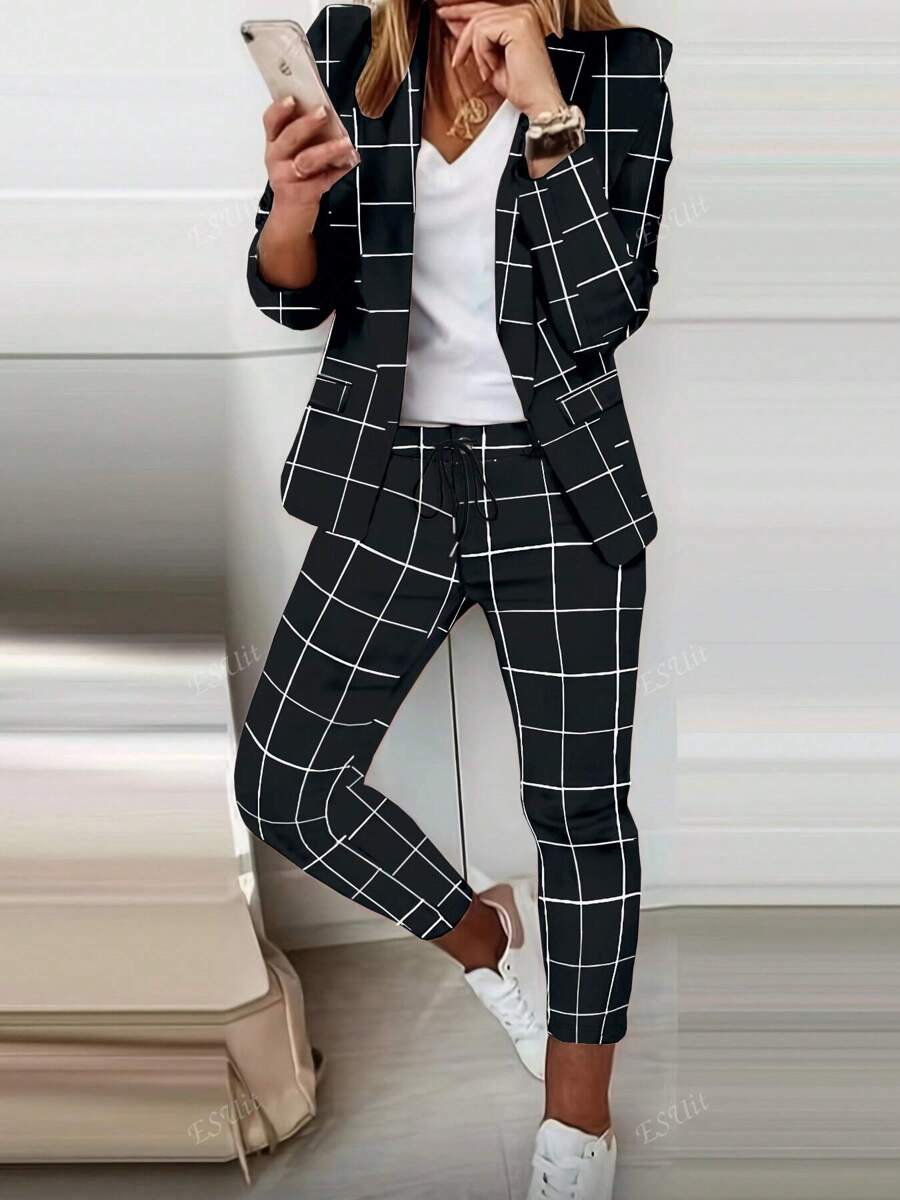 Women's Elegant Plaid Long Sleeve Blazer Jacket And Pants Suit Set