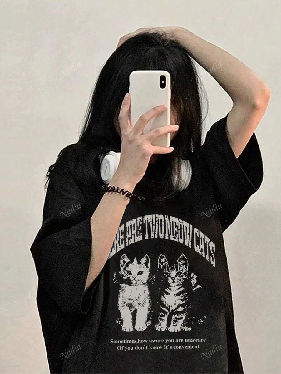 Women's Cotton Crew Neck Loose Casual Letter & Cute Cat Graphic Print Short Sleeve T-Shirt, Spring/Summer