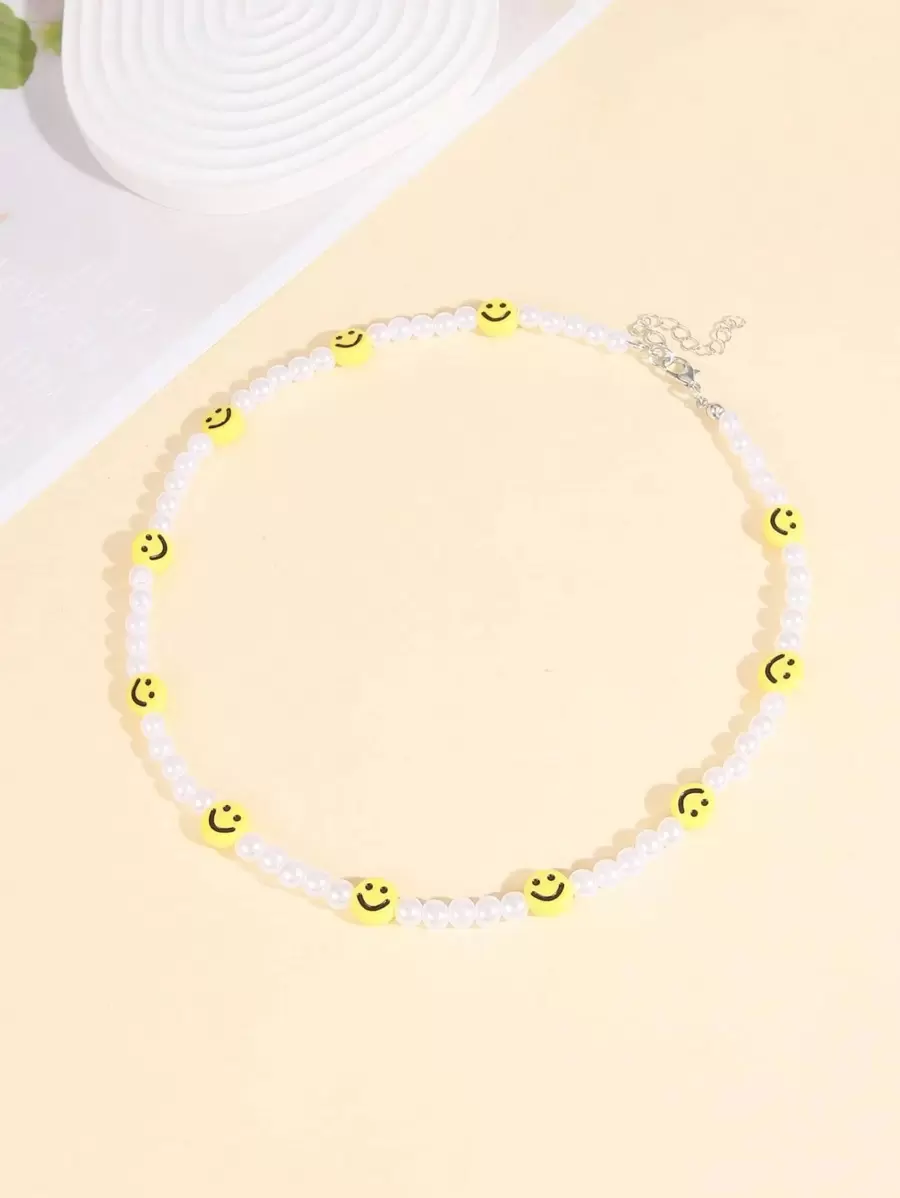 1 pieza Collar de mujer con perla falsa con cara sonriente, adecuado para uso diario