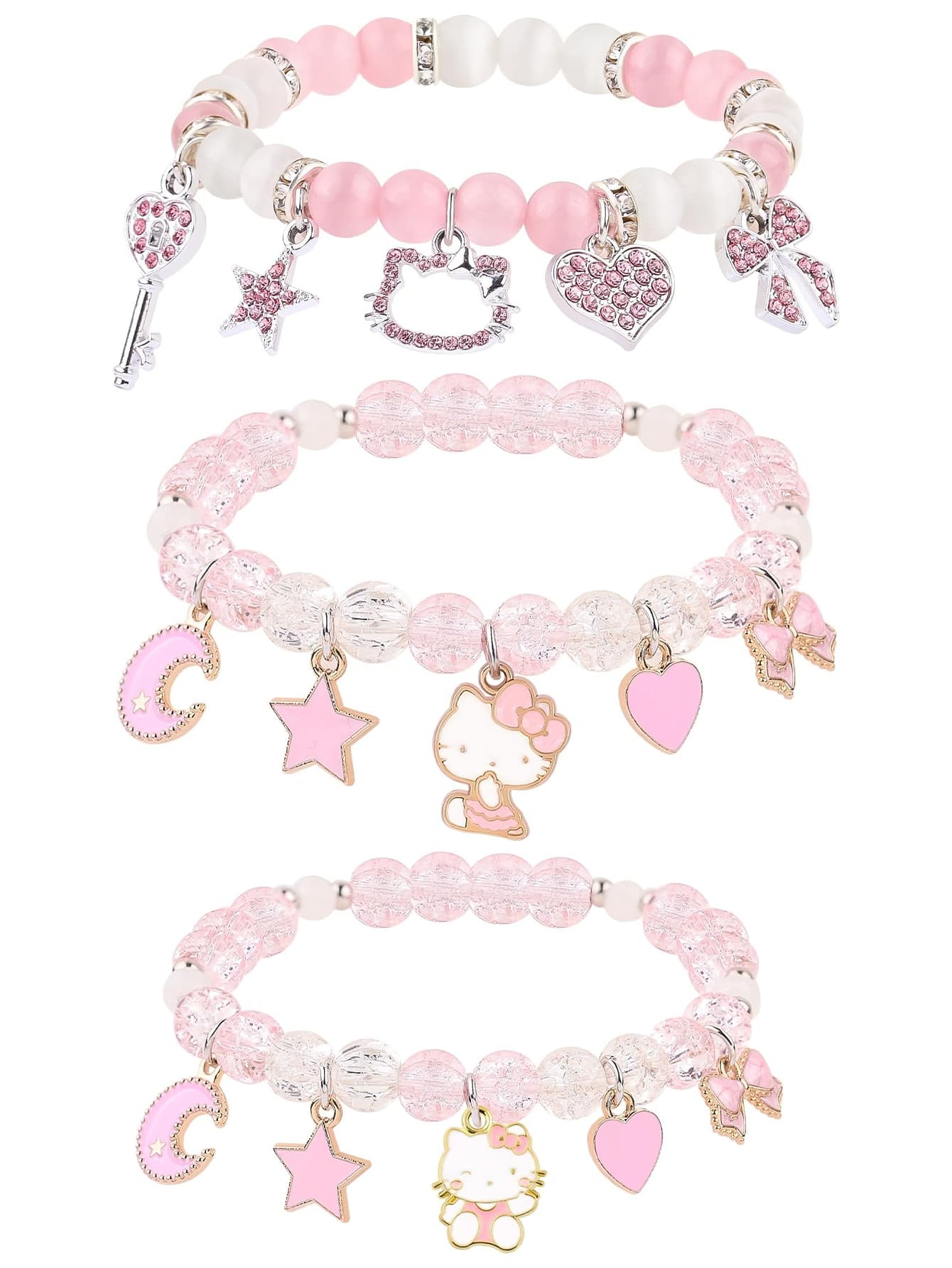 Sanrio 1 Pc Hello Kitty Cute Kitty Bracelet Stuff Kawaii Set Crystal Bead Elastic Friendship Bracelets Birthday Christmas Jewelry Gifts For Girl Girlfriend Best Friend Sister 