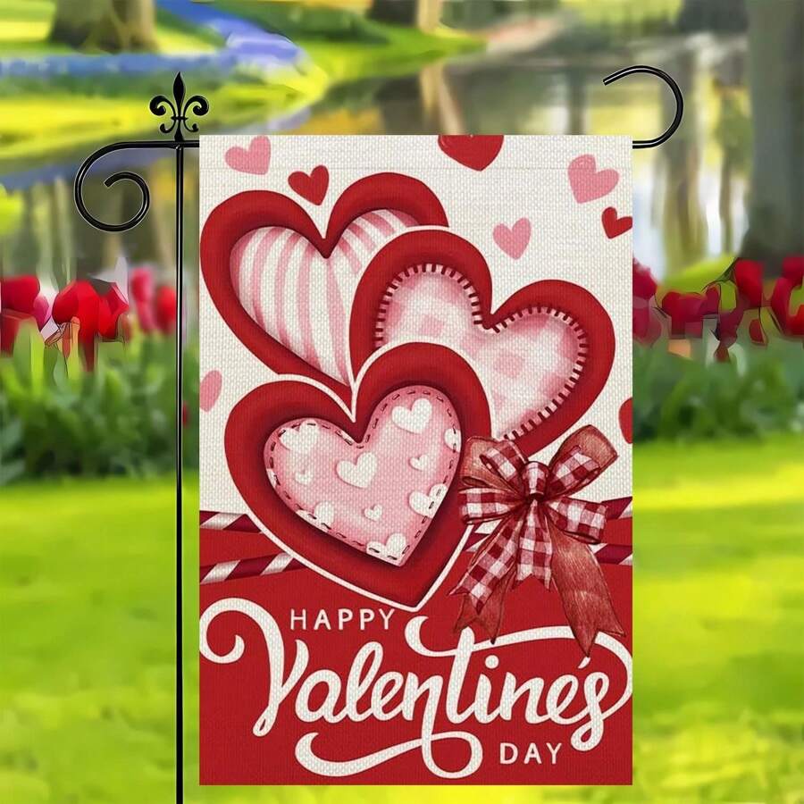 1 pieza Bandera de jardín de Día de San Valentín de lino - Doble cara, lavable, decoración festiva para exteriores para césped y patio, sin poste incluido, decoración multiusos para días festivos