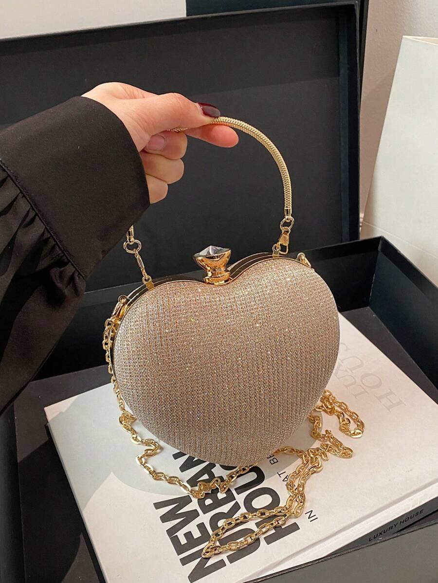 Bolso de embrague de noche para mujer con forma de corazón, con brillo, lentejuelas, de lujo y brillante, con bolsa de mano de fiesta de estilo Y2k decorada con cristales de estrás, con cadena para el hombro. El mejor regalo de San Valentín para novia, dama y mujer. Perfecto para compras, uso diario