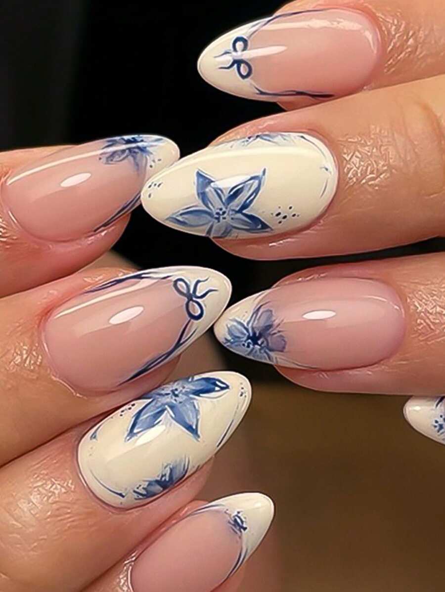 24pcs Freshen Short Almond Shape Nail Nails Solid Blue Flowers Press On Nails Acrylic Nails Fake Nails Nails Manicure Set Detachable Full Cover Long Lasting Includes 1sheet Adhesive Tabs & 1pc Mini File