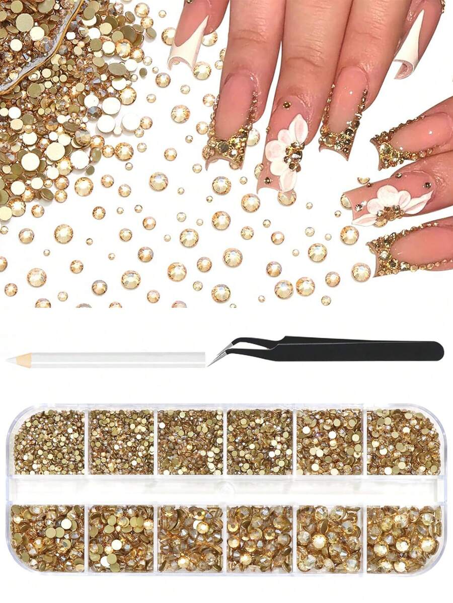 2280 stuks champagne gouden platte strass steentjes voor knutselen, 6 maten gouden kristallen strass steentjes voor nagelontwerpen nagelbedels nageljuwelen doe-het-zelf gezichtsmake-up