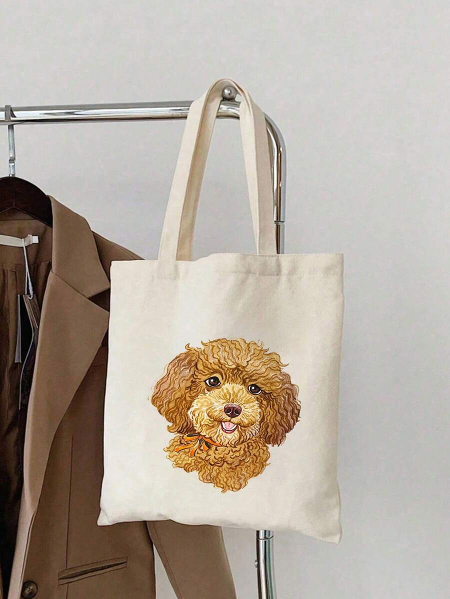 Chic Poodle Print Linen Tote Bag, Reusable Printed Women'S Tote Bag, Double Handle Shopping School Bag, Large Capacity Shoulder Bag, Casual Tote Bag, Christmas Storage Bag, Suitable For Commuting, School And Shopping, Convenient For Outdoor Use, Gift For Friends And Besties, Teacher Gift, Perfect Choice For Vacation And Festival, Best Teacher Christmas, Thanksgiving Gifts