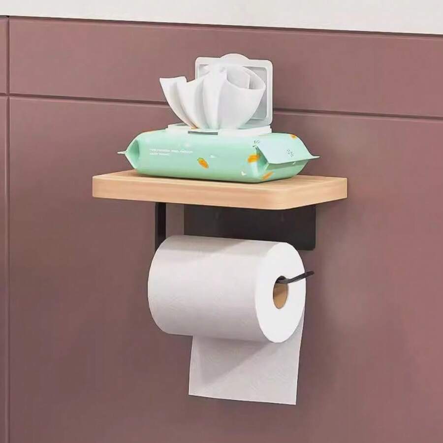 1 szt. Toaleta ścienna do łazienki hotelowej bez wiercenia uchwyt na telefon komórkowy i papier toaletowy, drewniany stojak na chusteczki, kreatywny design