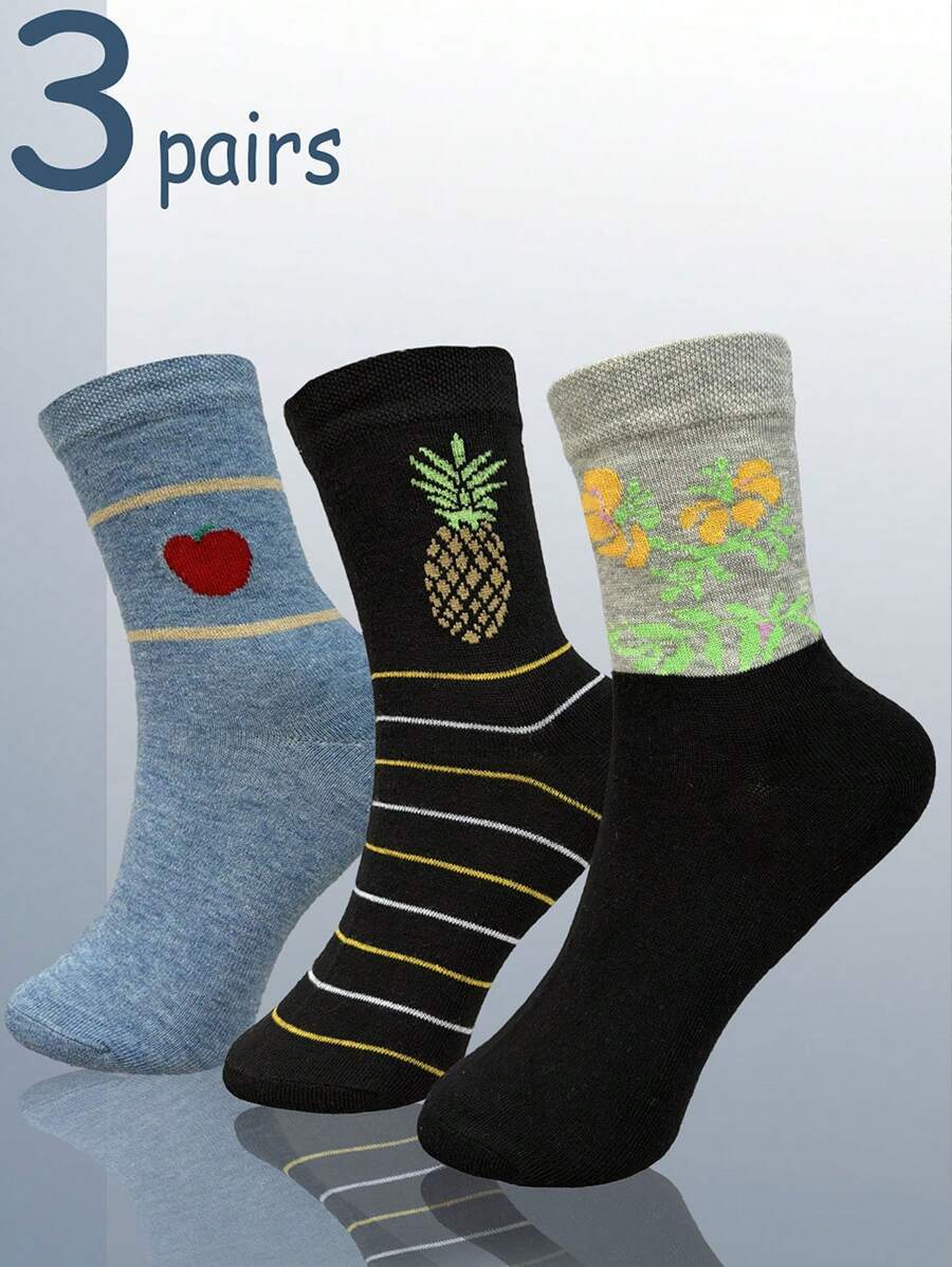 3 Pairs Women's Multi-Color Pineapple, Leaf, Apple Print Personalized Fashion Soft Comfortable Mid-Calf Socks, Suitable For Daily Wear