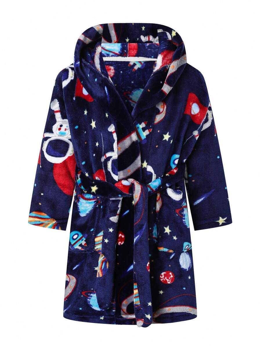 Boy's Flannel Thick Bathrobe, Long Sleeve Hooded Astronaut Printed Soft & Comfortable Sleepwear, Suitable For After Bath, Autumn/Winter
