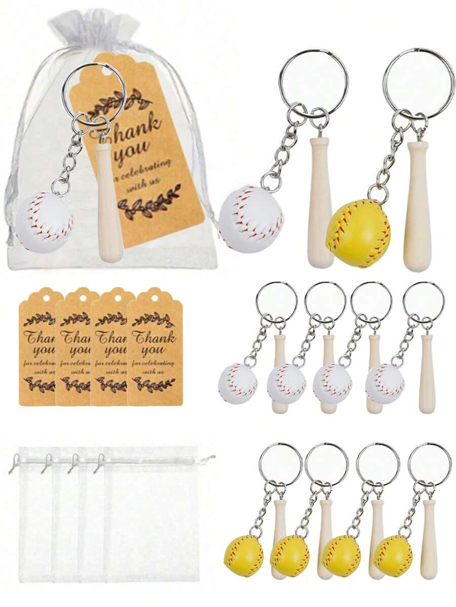 18pcs/9pcs Baseball & Softball Keychain Gift Set, Includes 3pcs Keychains, 3pcs Thank You Cards, 3pcs Organza Bags, Sports Team Keychains, Mini Baseball Softball Keychains, Craft Bag Charms, Suitable For Team Gathering, Birthday Party, Appreciation, Sports Themed Party Favors, Sports Souvenir Gifts