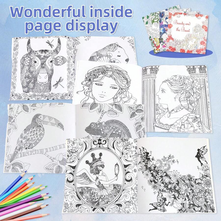 4 PIEZAS Libro para colorear de gran tamaño con diseños pintados a mano y que ayuda a reducir el estrés, con 24 páginas de patrones para colorear que incluyen ilustraciones de pájaros, plantas y jardín, indicado para mujeres, hombres, niñas y adolescentes - Fácil, divertido y alivia la ansiedad. Puede utilizarse como regalo de vuelta al colegio, regalo de cumpleaños, regalo de fiesta o regalo de relajación artística.