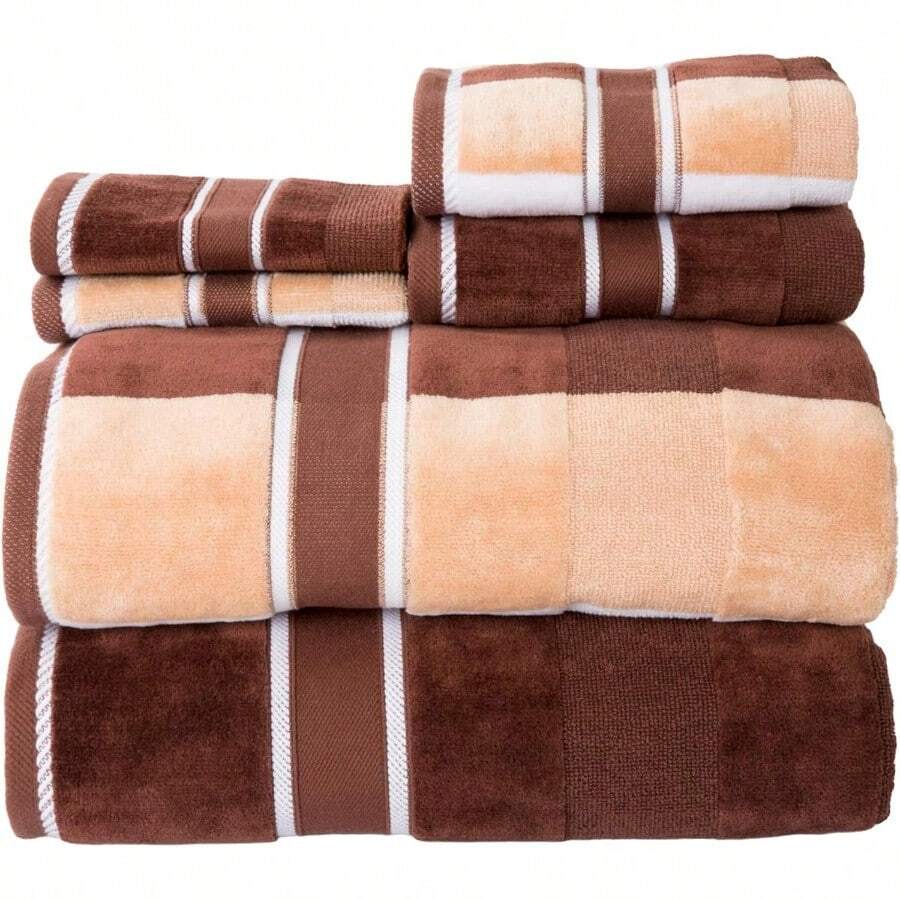 6PC Towel Set - Absorbent Cotton Bathroom Accessories With Bath Towels Hand Towels And Wash Cloths - Solid And Striped Bath Sheets By Lavish Home Brown