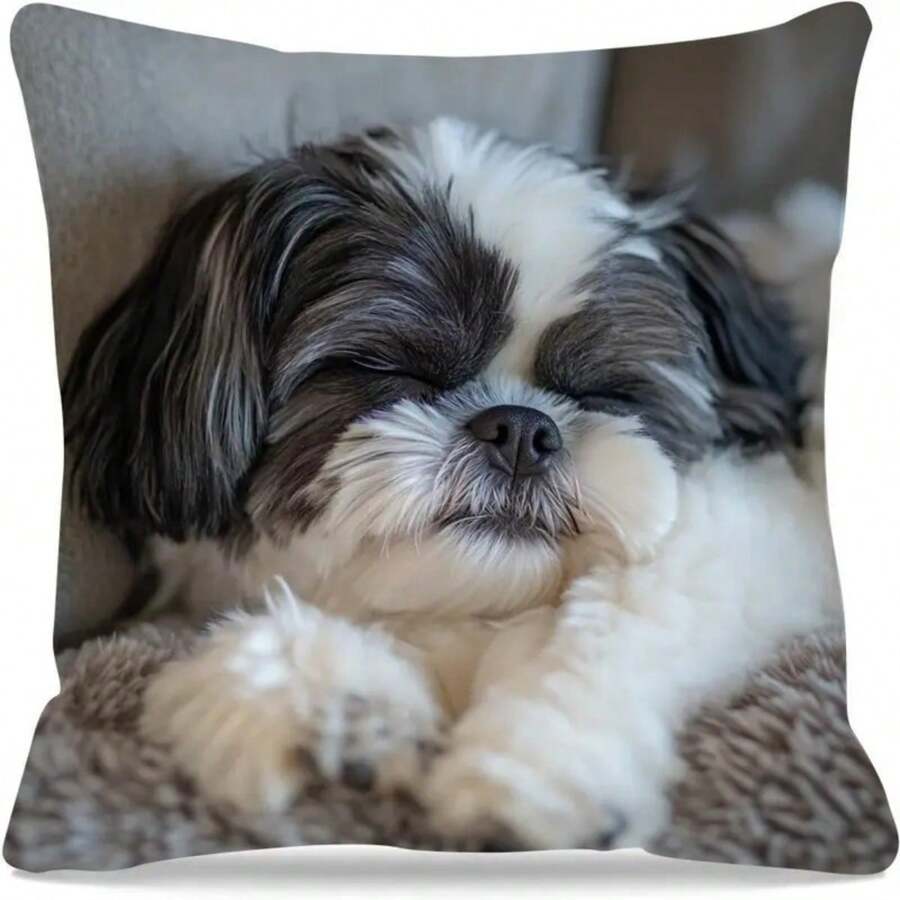 1pc Relaxing Dog Themed Throw Pillow Cover Single-Sided Print, Zipper Closure, Soft Woven Polyester, Black & White Dog Design, Hand Wash Only, Perfect For Living Room Or Bedroom Decor, Cute Pillows