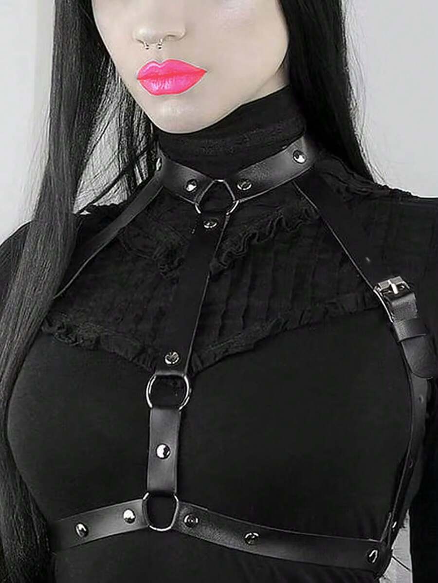 1pc Leather Body Chain Layered Black Harness Belt Leather Body Jewelry Beach Prom Party Rave Club Body Underwear Accessories For Women And Girls