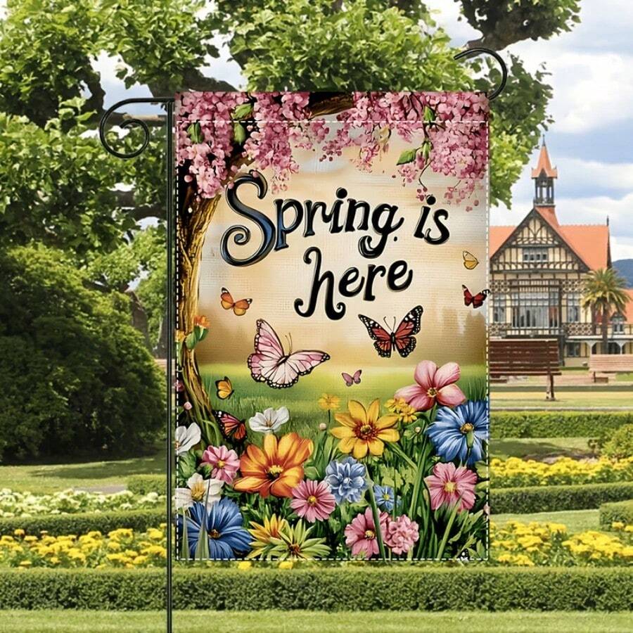 Charming Spring Garden Flag, 12.0x18.0 Inch, Double-Sided, Waterproof Polyester, Floral & Butterfly Design, Multipurpose Outdoor/Indoor Decor, No Electricity Needed