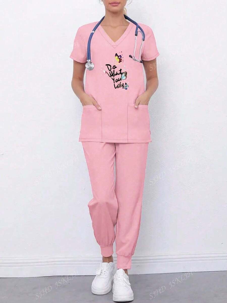 Ensemble uniforme pour femmes, Top à manches courtes col V et pantalon, style minimaliste convenant pour l'été