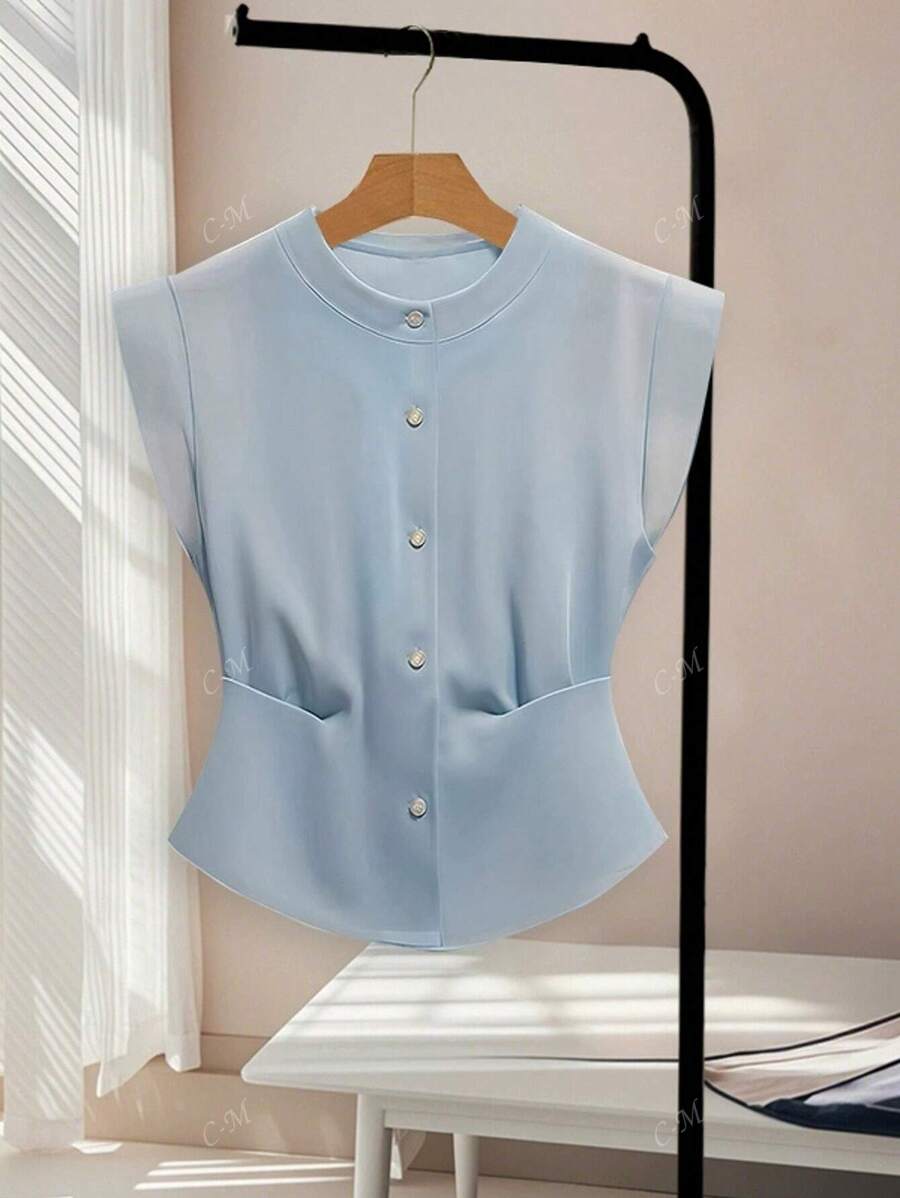 Summer Women's Clothing, French Women's Wear, Elegant Solid-Color Chiffon Button Women's Stand-Up Collar Shirt, Versatile Summer Top For Commuting And Shopping