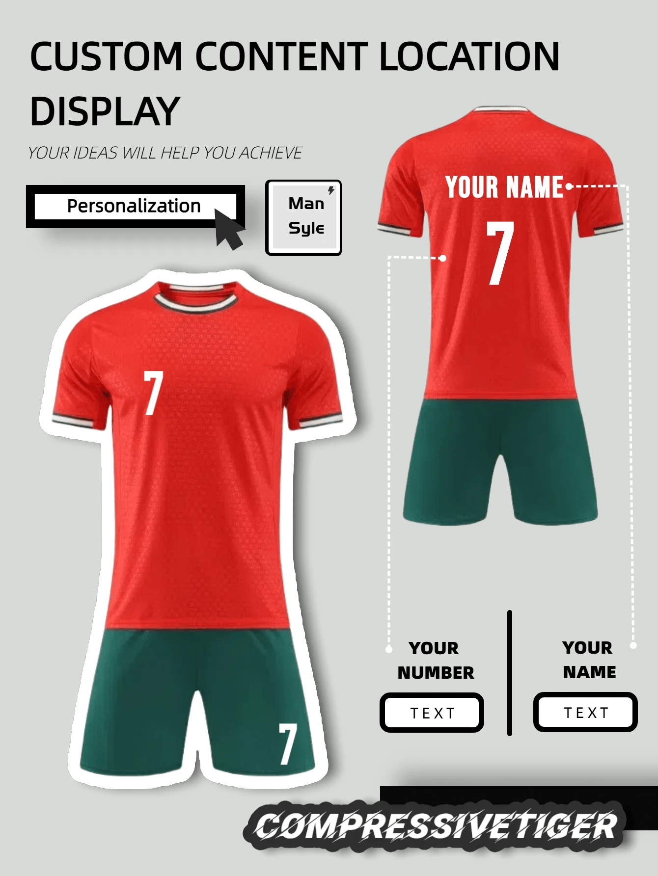 Compressivetiger Set de 2 piezas Jersey de fútbol personalizado - Camiseta de manga corta y pantalones cortos a juego de patrón de dragón que absorbe la humedad y se seca rápido, personalizados con nombre y número, como regalo