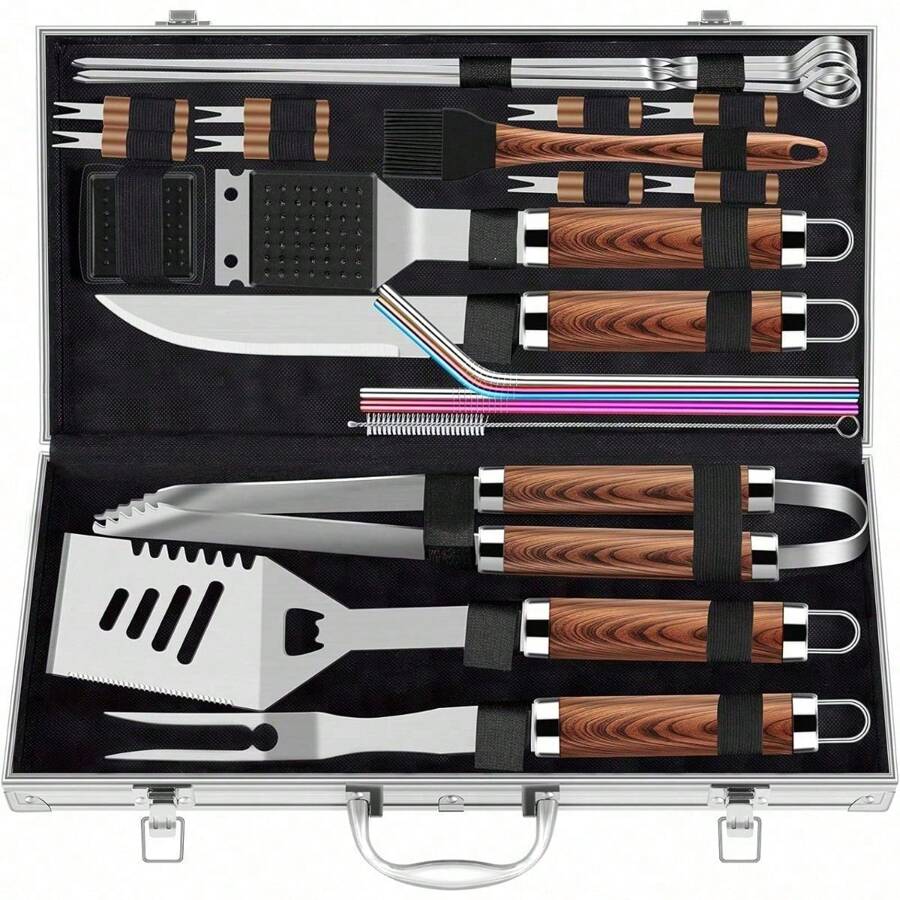 25pcs Extra Thick Stainless Steel Grill Tool Set For Men, Heavy Duty Grilling Accessories Kit For Backyard, BBQ Utensils Gift Set With Spatula,Tongs In Aluminum Case For Birthday Brown