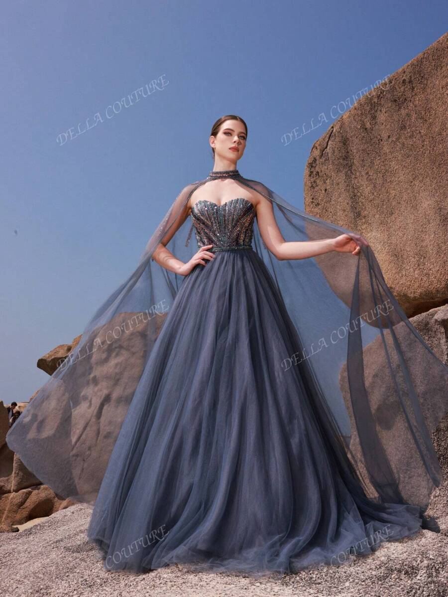 DELLA COUTURE Women Summer Formal Ball Gown Dress, Elegant Romantic Flowing Sophisticated Fashion Lady Slim Fit Floor-Length Formal Robe-Style Dress, Suitable For Gatherings, Parties, Weddings And Other Formal Occasions, Party Dress, Wedding Guest Dress, Prom Dress