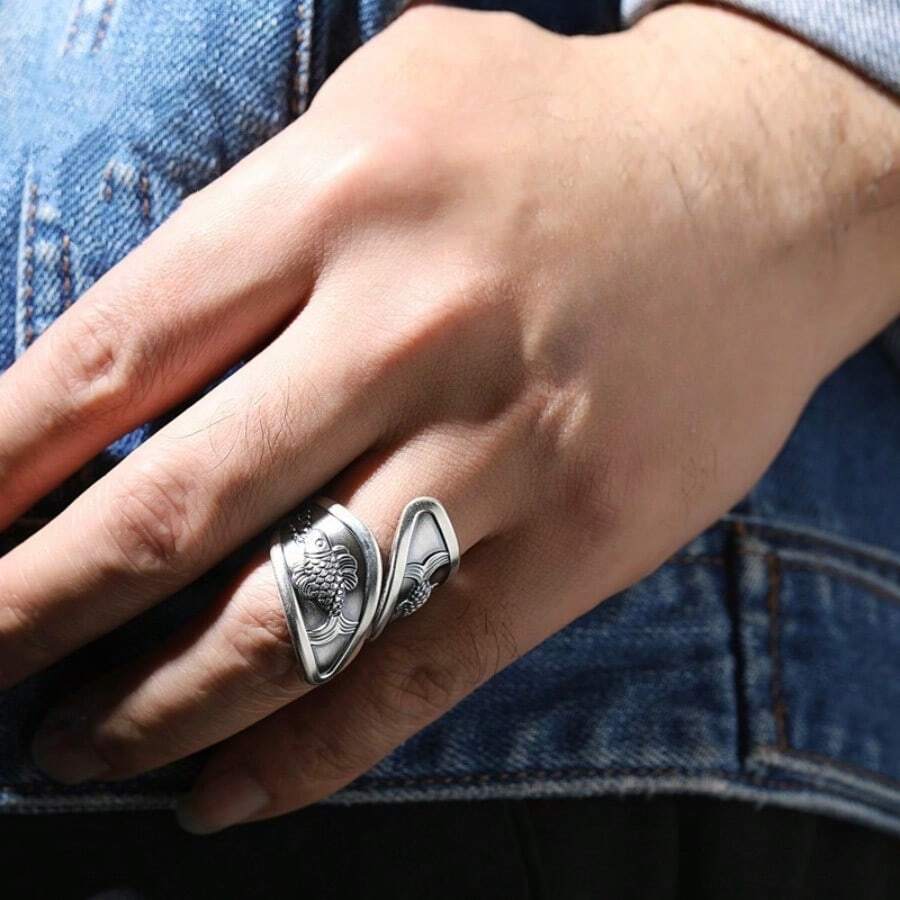 Anillo de banda ancha con patrón de escamas de pez de plata tailandesa vintage, anillos personalizados para hombres y mujeres, adecuado para el dedo índice