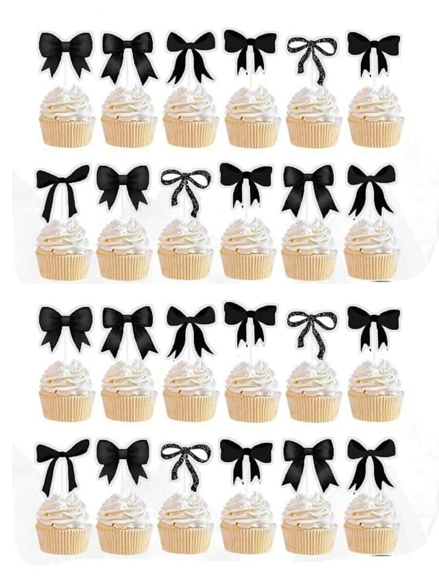 24 stuks zwarte strik cupcake toppers verjaardagsfeestdecoraties, strik verjaardag cupcake toppers, vrijgezellenfeest bruiloft decoraties, zwarte strik cake smash foto rekwisieten