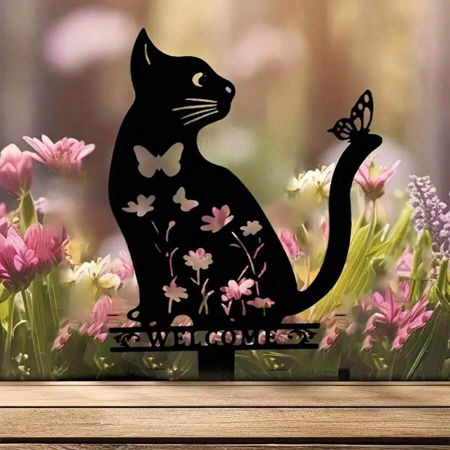 1pc, Whimsical Iron Metal Cat Silhouette Garden Decoration - Cute Ground Plug Animal Ornament For Outdoor Lawn, Courtyard, And Art Decoration