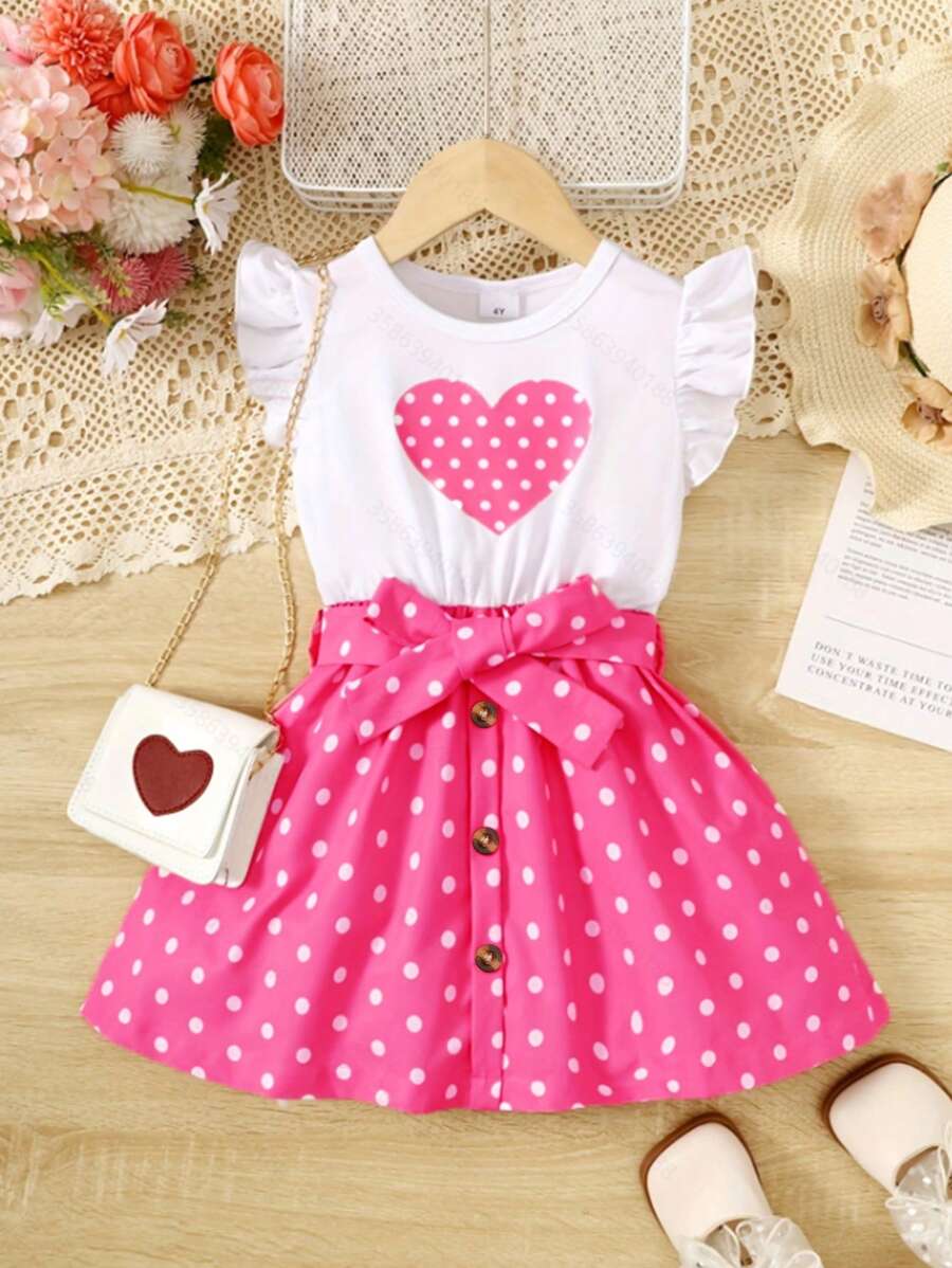 Vestido de princesa sin mangas con cuello redondo, estampado de corazones y lunares, patchwork, adecuado para niñas de 4 a 7 años, para uso en exteriores, calle, escuela y uso diario