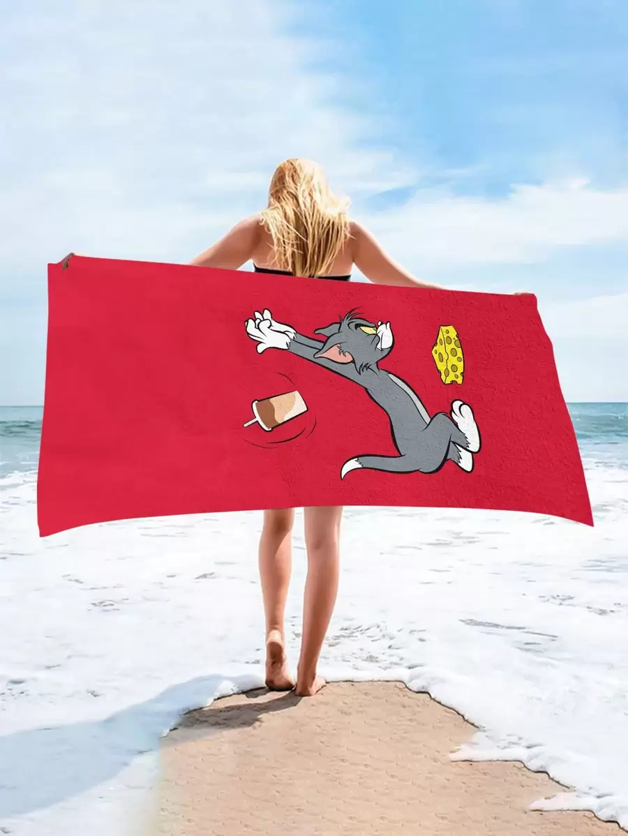 TOM AND JERRY. 1pc Cartoon Tom & Jerry Beach Print Soft Beach Towel, Comfortable For Home, Bathroom, Children And Adults To Use, Suitable For Swimming