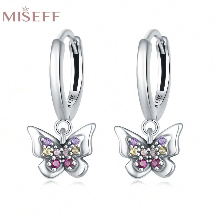 MISEFF 1 Pair S925 Sterling Silver Earrings Colorful Butterfly Earrings For Girl Women Exquisite Leisure Earrings Fine Jewelry Gift Birthday Present