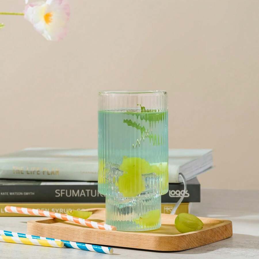 2pcs Ribbed Drinking Glass Set, 12.8oz Vintage Glass Cup, Ribbed Glassware, Highball Glass, Clear Glass Cup, Cocktail, Iced Coffee, Juice, Mojito, Decorative, Gift