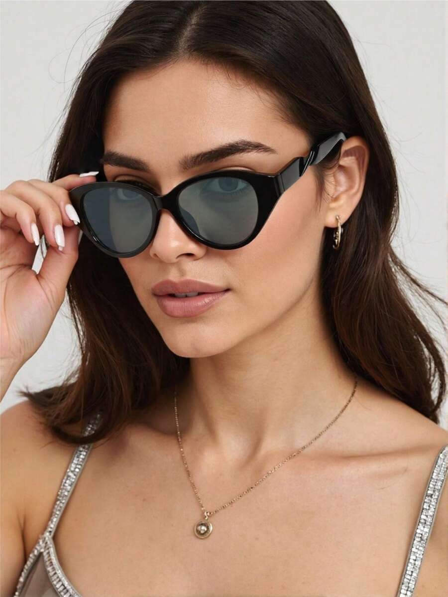 1pc Women's Unique Cat Eye Twisted Temple Street Snap Fashion Glasses, Casual Everyday Face Flattering For Summer Beach Vacation,Outdoor,Travel