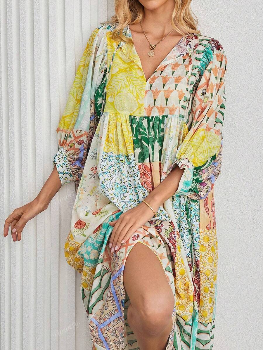 Vestido largo de mujer con mangas de farol, estilo bohemio, con cuello en V, bolsillos y estampado patchwork aleatorio