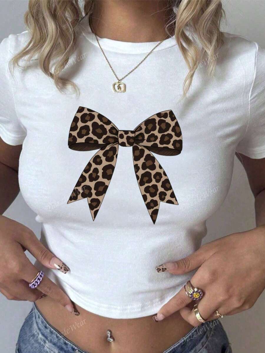 Leopard Print Bow Pattern Slim Short Sleeve Round Neck Top Women's Graphic T-Shirt, Animal Print Tshir,Suitable For Spring And Summer