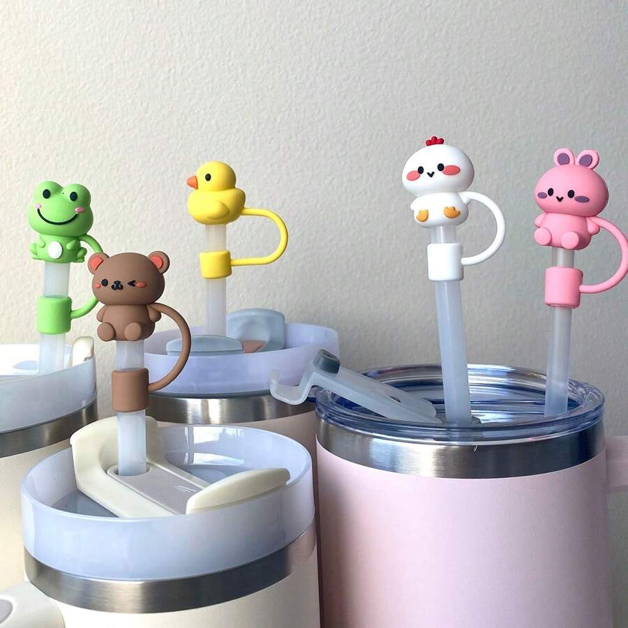 1/4/8 Pcs Portable Cute Animal Silicone Straw Lid, Frog, Rabbit, Duck, Raccoon, Chicken Straw Cover, 10mm/0.4" Reusable Straw Cap Accessories, Valentine's Day Decoration, Kids Party Gift, Back To School Supplies