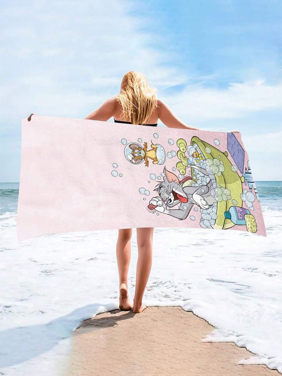 TOM AND JERRY. 1pc Cartoon Tom & Jerry Pattern Beach Towel, Soft & Comfortable For Home, Bathroom, Swimming, Children & Adults