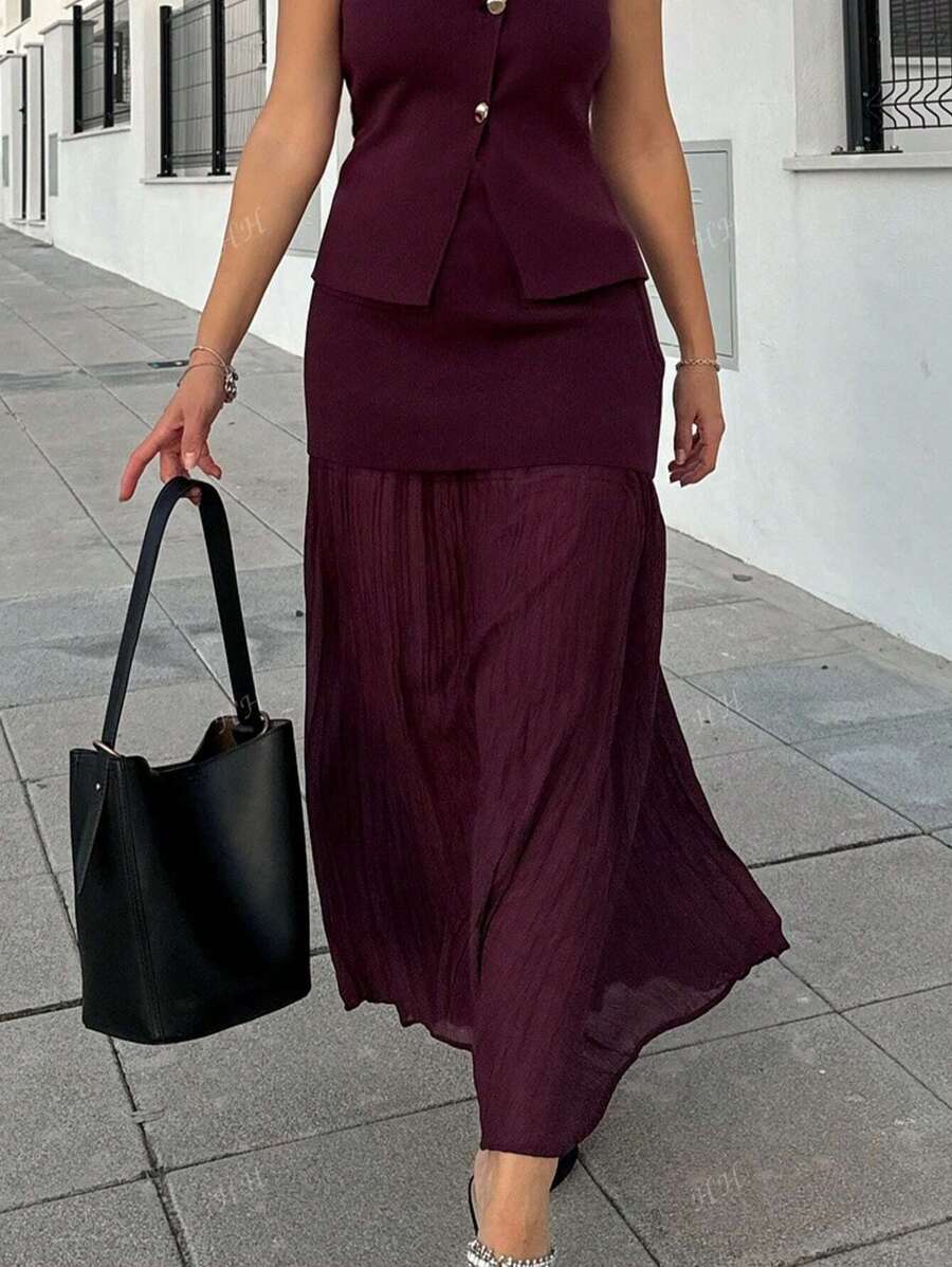 Women Elegant Splicing High Waist Zipper Ankle-Length Skirts Fashion Zipper Elastic Waist Pleated Long Skirts